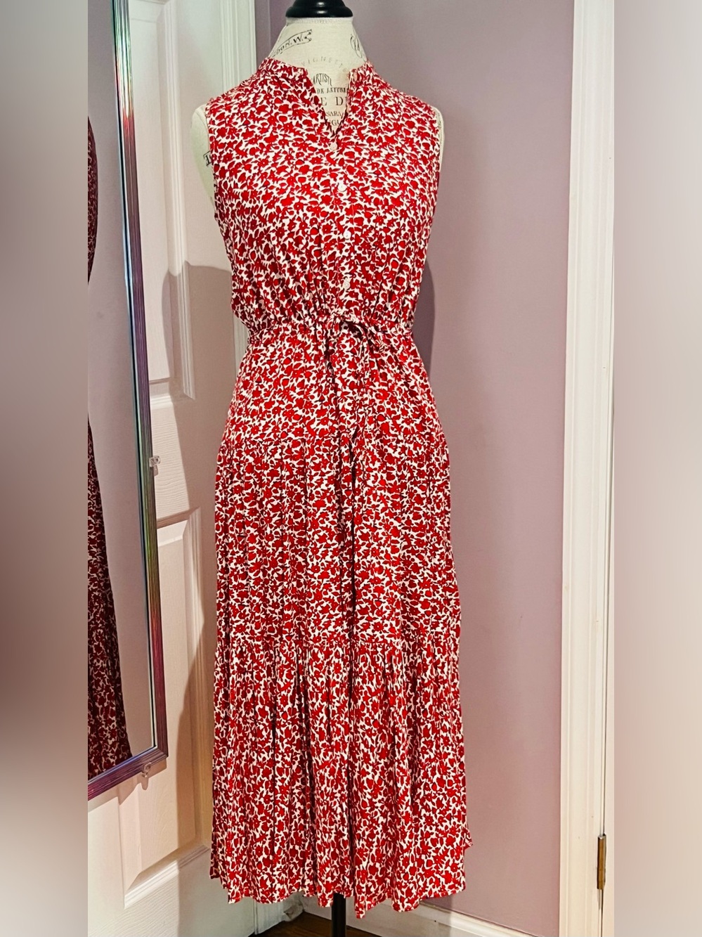 CHAPS Dipsy Red Floral Tie-Waist Maxi Dress - Women's